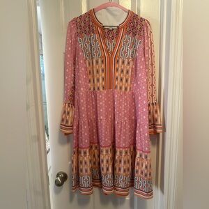 Hale Bob long sleeve pink, orange and blue dress